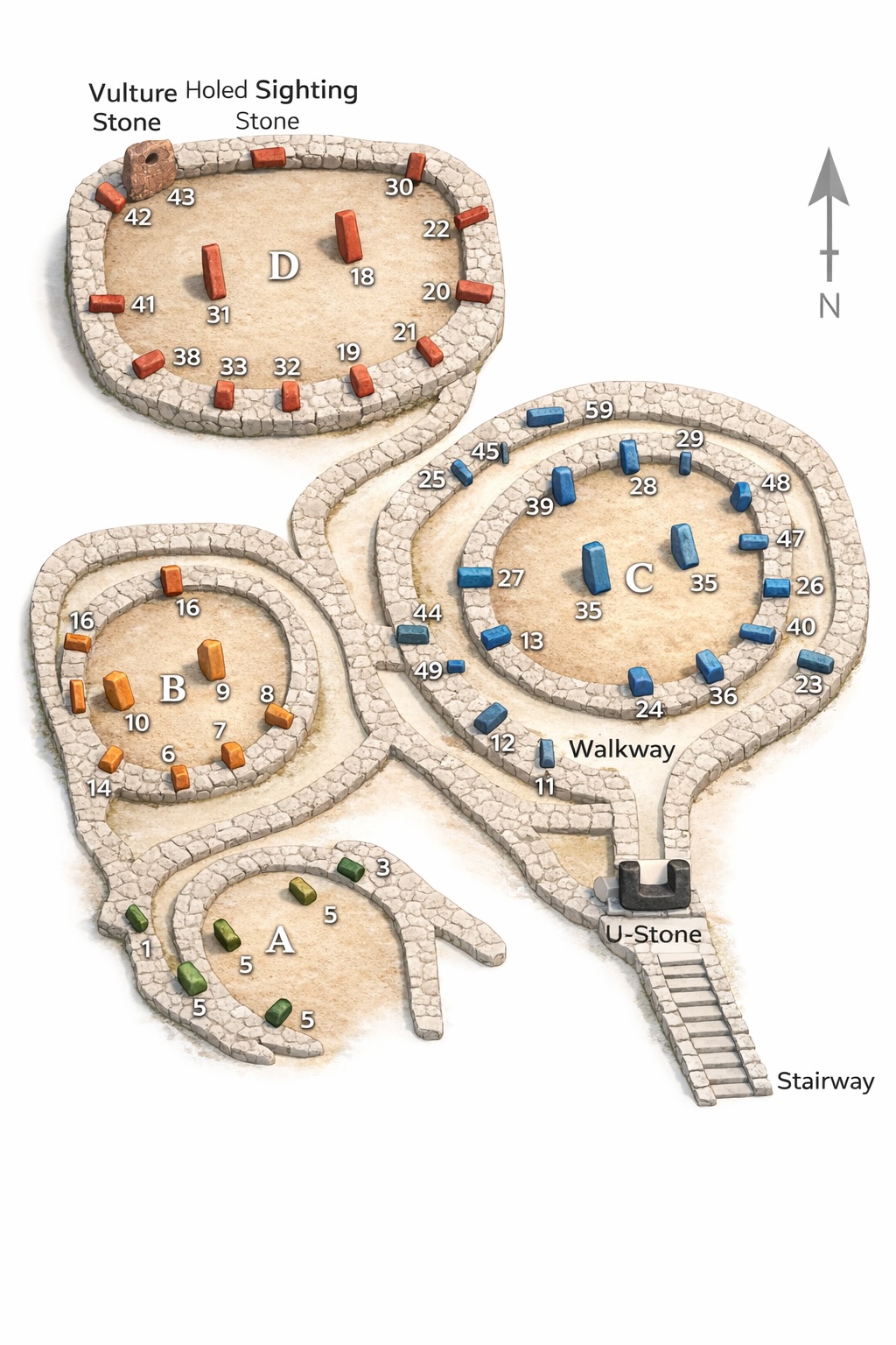 Göbekli Tepe main excavated enclosures diagram